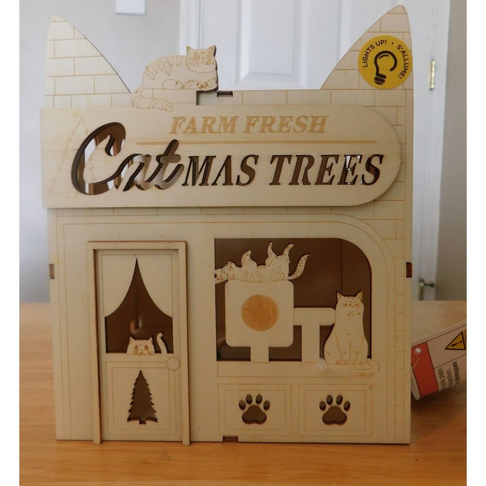 Make Market Laser Cut Wood Catmas Trees Lighted LED Christmas Village House New